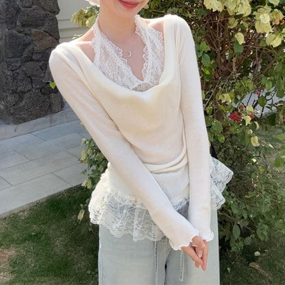 Mock Two-Piece Long-Sleeve Halter Lace Panel Slim Fit Tee