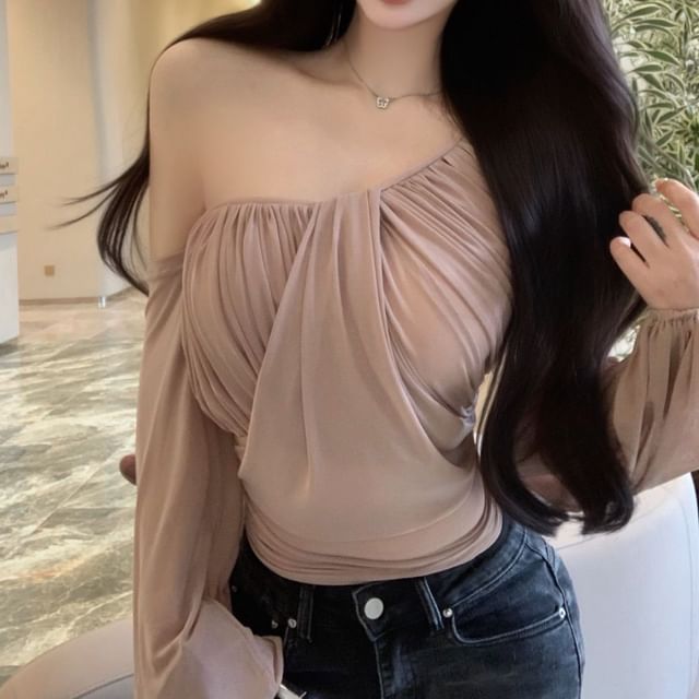 Long-Sleeve Asymmetrical Neck Off-Shoulder Plain Ruched Blouse