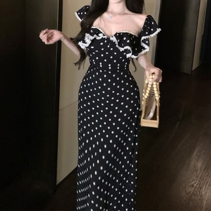 Cap-Sleeve Dotted Ruffle Lace Trim Maxi Sheath Dress / Slim Fit Tank Top