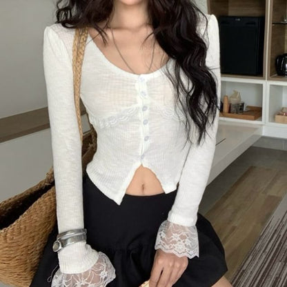 Long-Sleeve Scoop Neck Lace Trim Crop Button Slim Fit Top