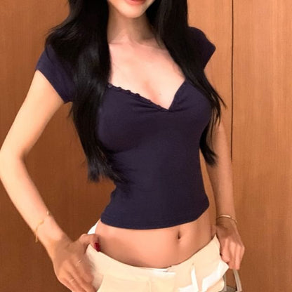 Short-Sleeve Plain Ruched Crop Slim Fit T-Shirt