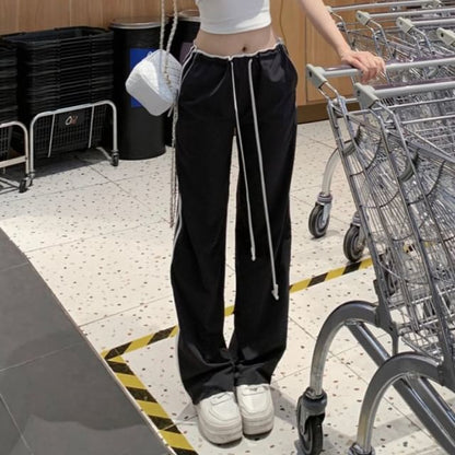 Striped Loose Pants Drawstring Crop Plain Tee / Off-Shoulder Short-Sleeve Waist Trim Fit