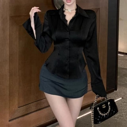 Long-Sleeve Collared Lace Trim Button-Up Blouse / High Rise Plain Mini Pencil Skirt