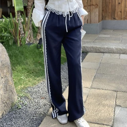 Long-Sleeve Cold Shoulder Lace Trim Zip-Up Crop Blouse / Drawstring Waist Striped Trim Loose Fit Pants