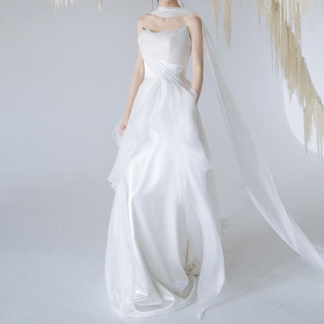 + Wedding Mesh Gown Panel A-Line Plain Strapless Set: Scarf
