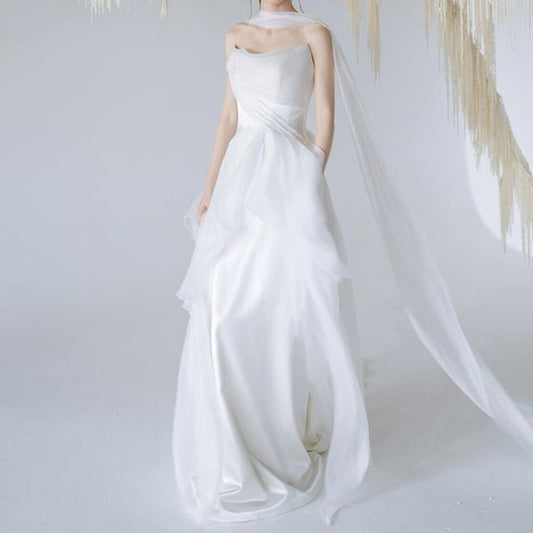 + Wedding Mesh Gown Panel A-Line Plain Strapless Set: Scarf