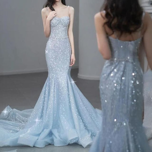 Strap Spaghetti Back Evening Sequin Trained Gown Mermaid Open