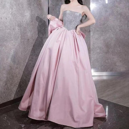 Strapless Sequin Bow Panel Back Gown Ball