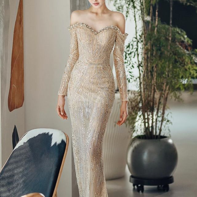 Long-Sleeve Gown Evening Mermaid Sequin Off-Shoulder
