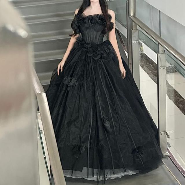Strapless Plain Floral Accent Ball Gown
