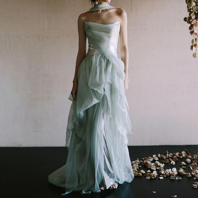 + Wedding Mesh Gown Panel A-Line Plain Strapless Set: Scarf