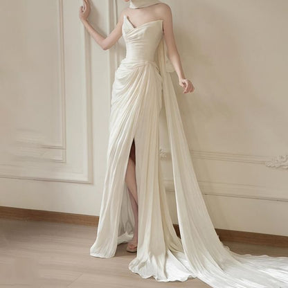 Set: Strapless Plain Ruched Slit Mermaid Evening Gown + Scarf