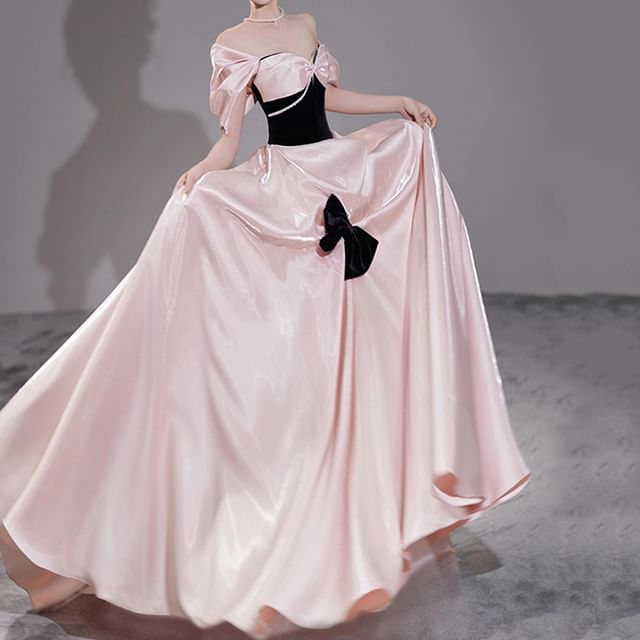 Off-Shoulder Two Tone Bow Accent Ruched A-Line Evening Gown