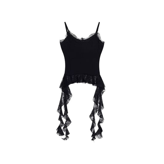 Asymmetric Lace-Trim Knit Cami Crop Top