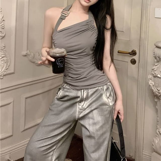 Halter Neck Plain Asymmetrical Buckled Ruched Open Back Top / High Waist Washed Wide Leg Jeans