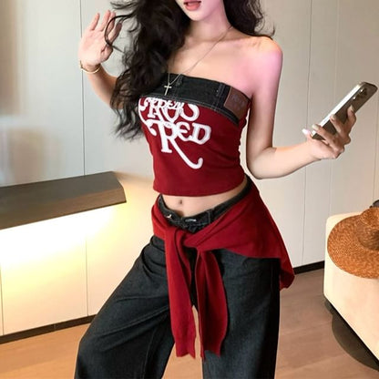 Lettering Print Denim Panel Crop Tube Top / High Rise Wide Leg Jeans / Plain Shawl