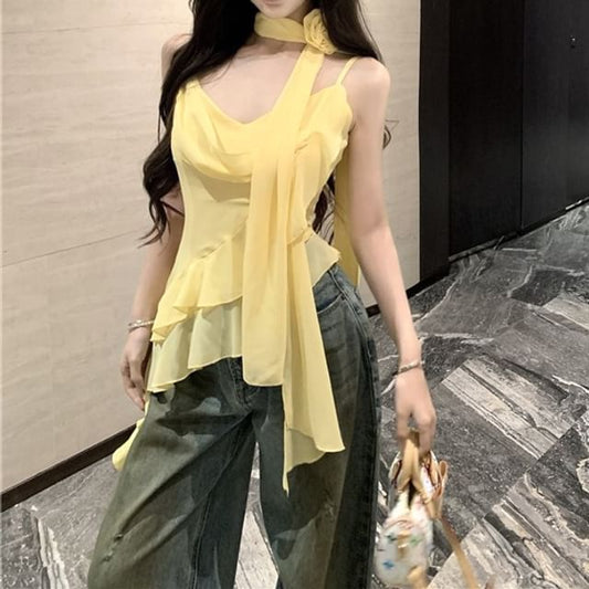 Set: V-Neck Plain Asymmetrical Ruffle Hem Crop Camisole Top + Scarf