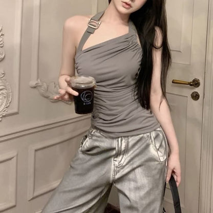 Halter Neck Plain Asymmetrical Buckled Ruched Open Back Top / High Waist Washed Wide Leg Jeans