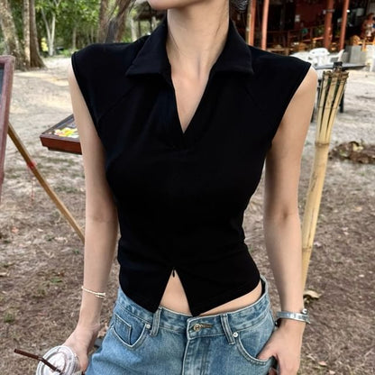 Sleeveless Collared Plain Zipped Slit Slim Fit Crop Top