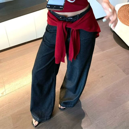 Lettering Print Denim Panel Crop Tube Top / High Rise Wide Leg Jeans / Plain Shawl