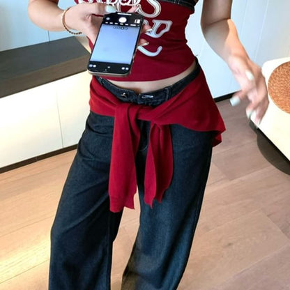 Lettering Print Denim Panel Crop Tube Top / High Rise Wide Leg Jeans / Plain Shawl