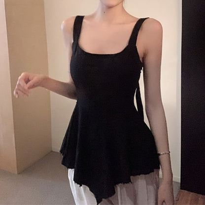 Scoop Neck Jacquard Asymmetrical Frayed Peplum Tank Top