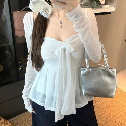 Sweetheart Neckline Plain Bow Accent Flowy Tube Top / Round Neck Button-Up Crop Cardigan