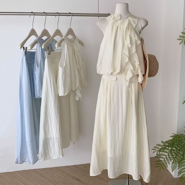 Set: Halter Plain Ruffle Blouse + High Rise Midi A-Line Skirt