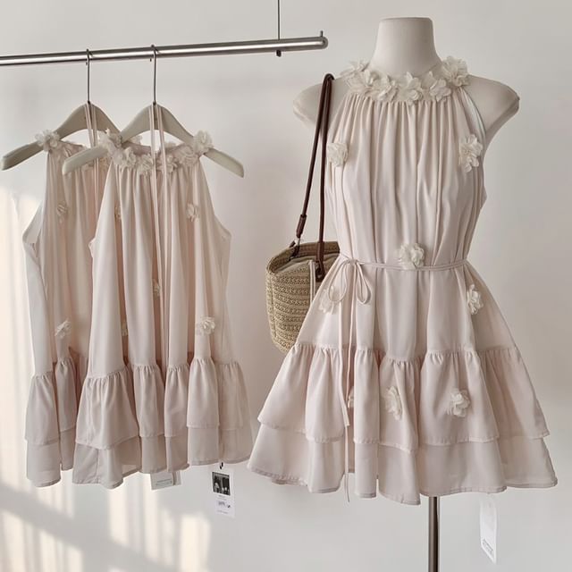 Halter Plain Flower Detail Ruffle Mini Sundress