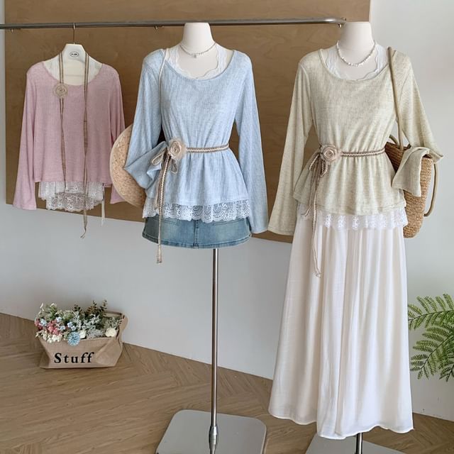 Long-Sleeve Round Neck Plain Lace Trim Tee