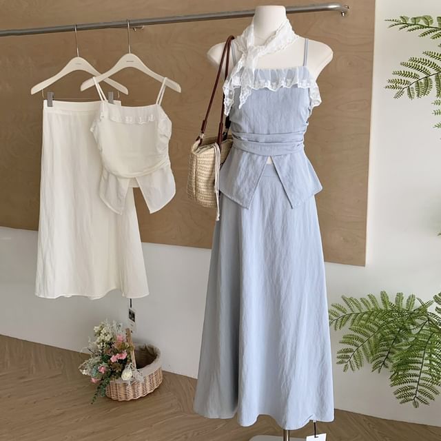 Set: Plain Front-Slit Lace Trim Camisole Top + High Rise Midi A-Line Skirt