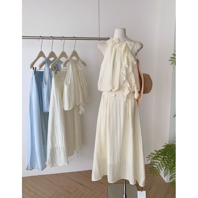 Set: Halter Plain Ruffle Blouse + High Rise Midi A-Line Skirt