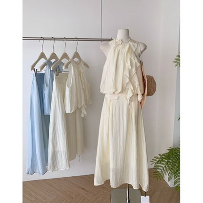Set: Halter Plain Ruffle Blouse + High Rise Midi A-Line Skirt