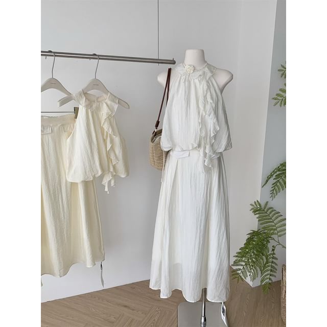 Set: Halter Plain Ruffle Blouse + High Rise Midi A-Line Skirt
