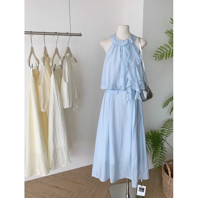 Set: Halter Plain Ruffle Blouse + High Rise Midi A-Line Skirt