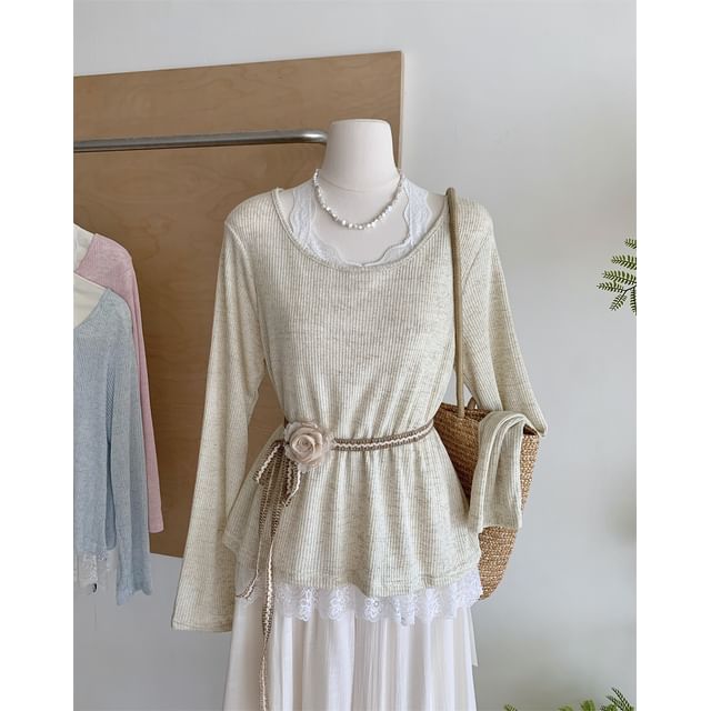 Long-Sleeve Round Neck Plain Lace Trim Tee