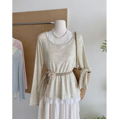 Long-Sleeve Round Neck Plain Lace Trim Tee