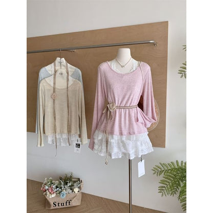 Long-Sleeve Round Neck Plain Lace Trim Tee