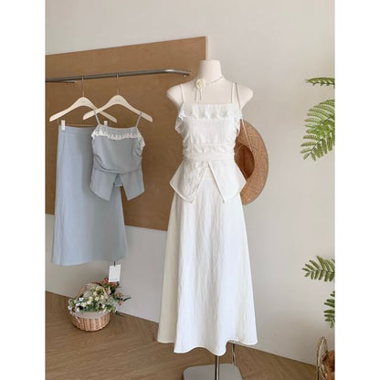 Set: Plain Front-Slit Lace Trim Camisole Top + High Rise Midi A-Line Skirt