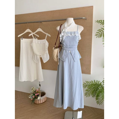 Set: Plain Front-Slit Lace Trim Camisole Top + High Rise Midi A-Line Skirt