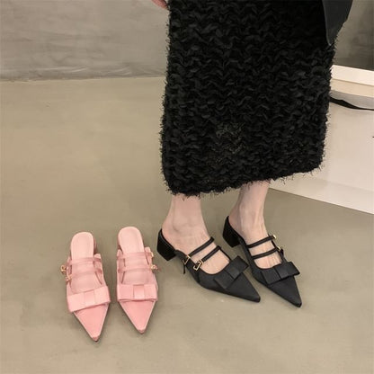 Pointed Mary Heel Toe Mules Bow Chunky Jane
