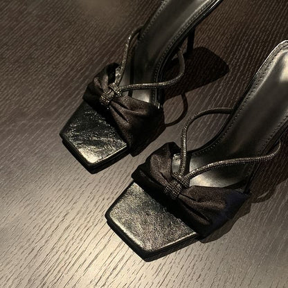 Bow Rhinestone Stiletto Heel Slide Sandals