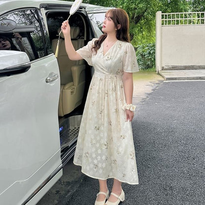 Plus Size Short-Sleeve V-Neck Floral Frog Button Midi A-Line Dress