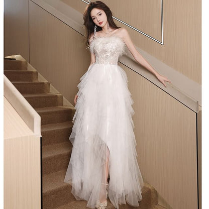 Evening A-Line Fluffy Asymmetrical Strapless Gown Mesh