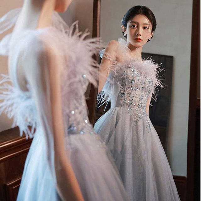 Fluffy Evening Gown A-Line Trim Sequined Tie-Shoulder