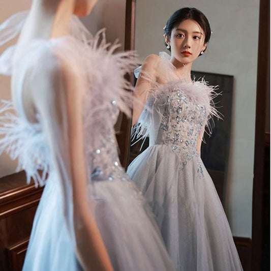 Fluffy Evening Gown A-Line Trim Sequined Tie-Shoulder