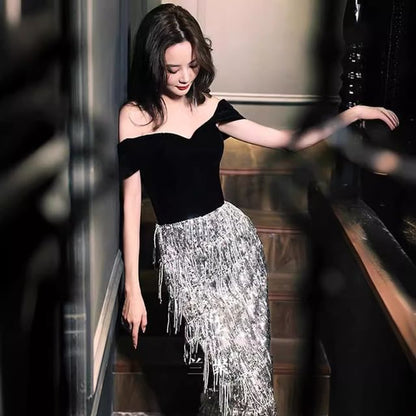 Sequined Velvet Tasseled Panel A-Line Evening Off-Shoulder Gown