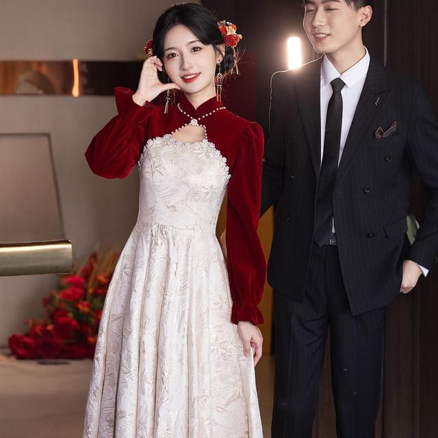 Dress Pearl Jacquard Chinese Faux Wedding Puff-Sleeve Floral A-Line