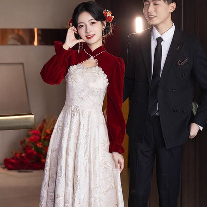 Dress Pearl Jacquard Chinese Faux Wedding Puff-Sleeve Floral A-Line