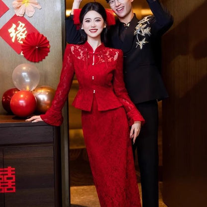 Lace Button-Up Waist Long-Sleeve High Skirt Frog Pencil Top + Set: Buttoned Midi